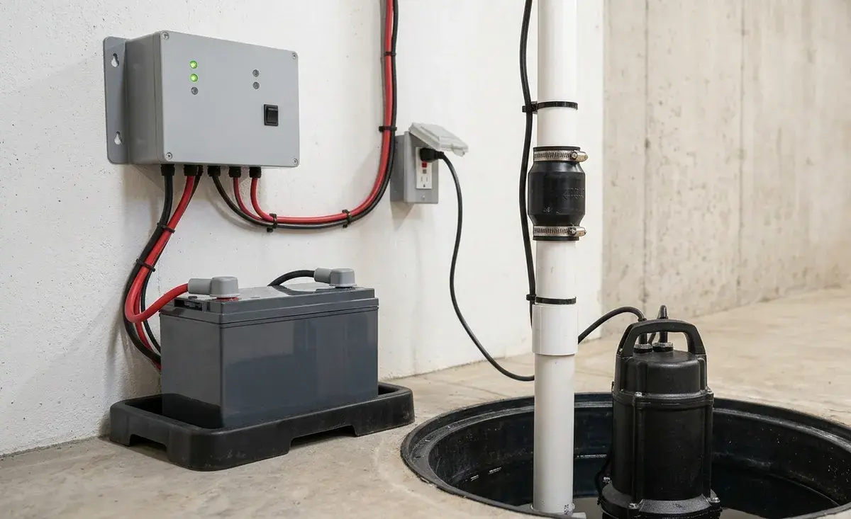 Residential sump pump with battery backup system professionally installed in an Edmonton basement by Water Pros Plumbing