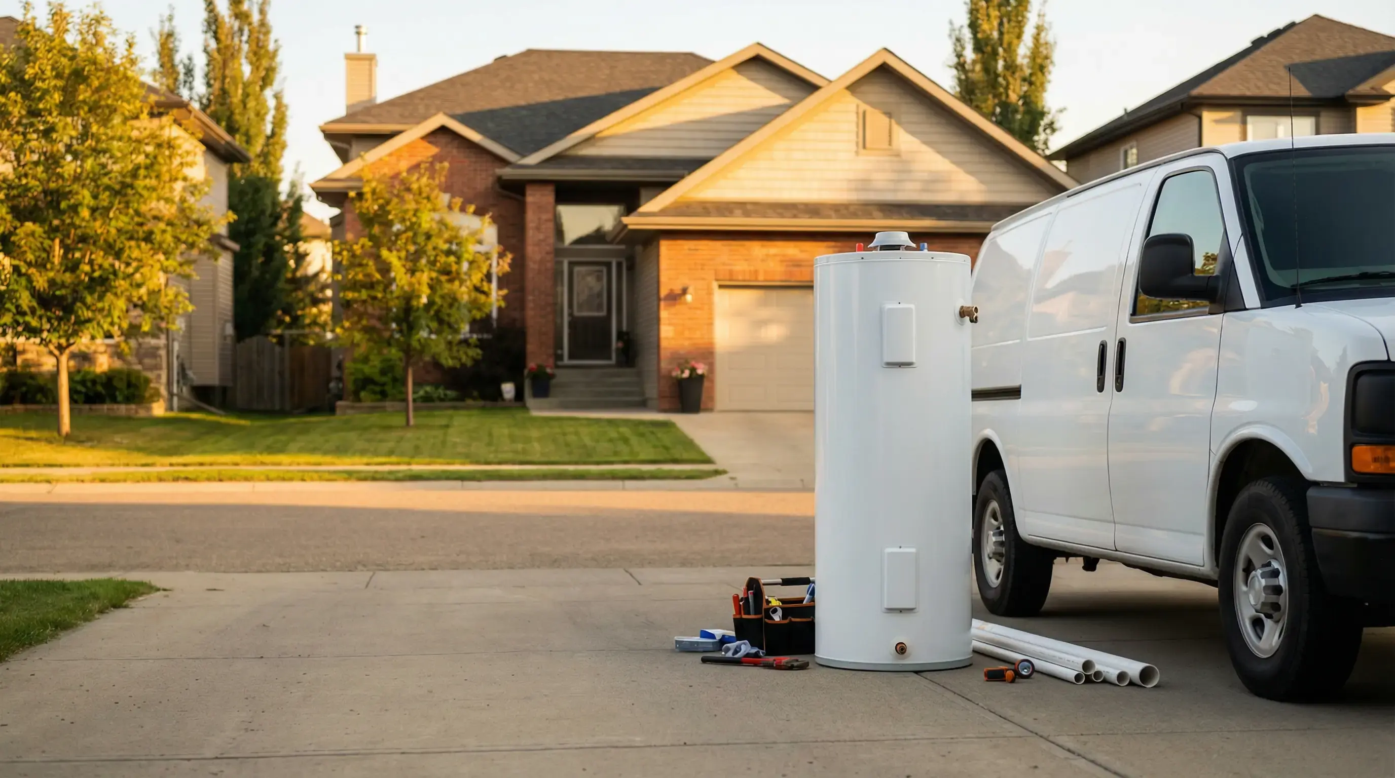 Water Pros Plumbing water heater service truck at Edmonton residential home - professional water heater replacement