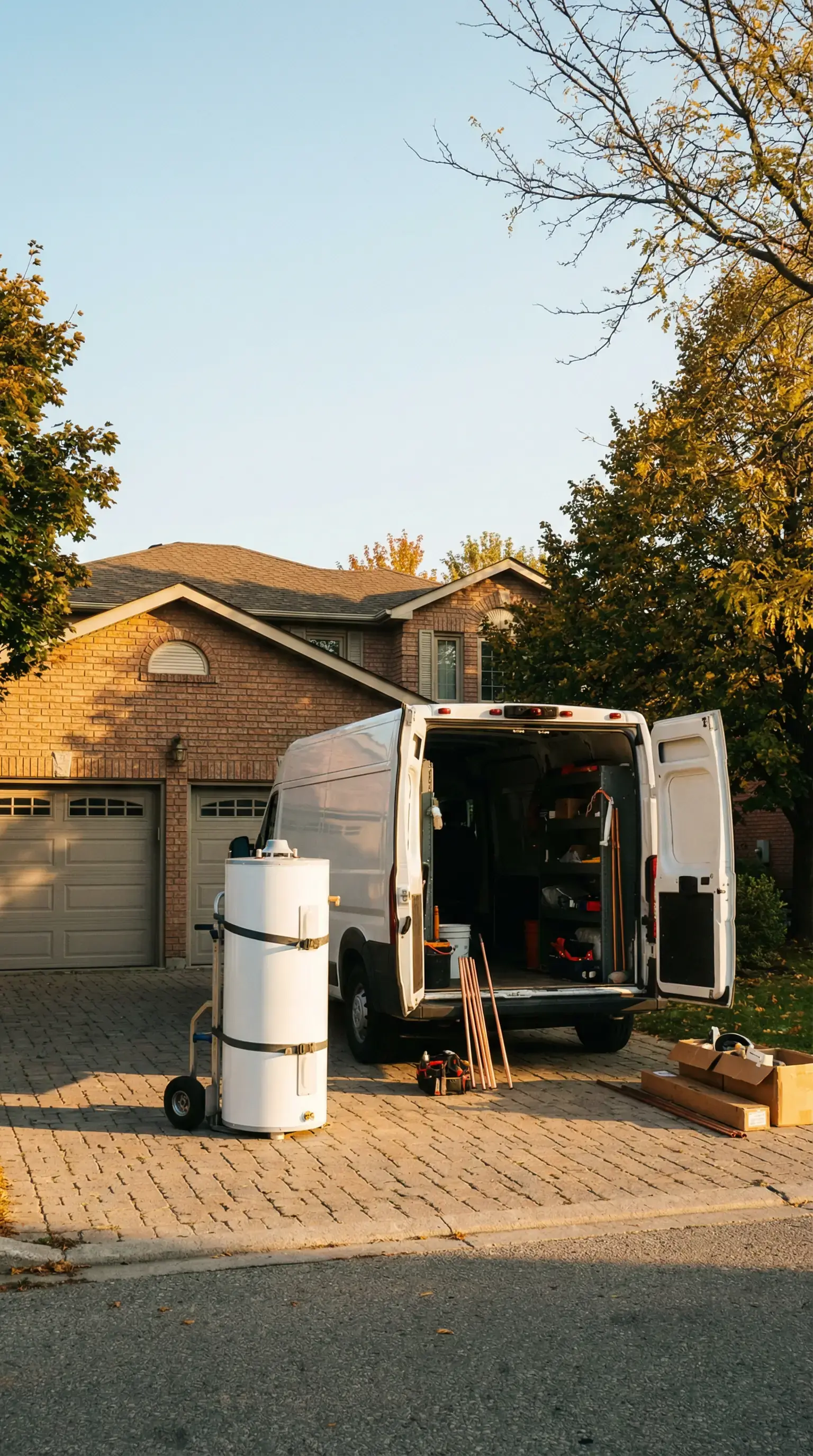 Water Pros Plumbing water heater service truck at Edmonton residential home - professional water heater replacement